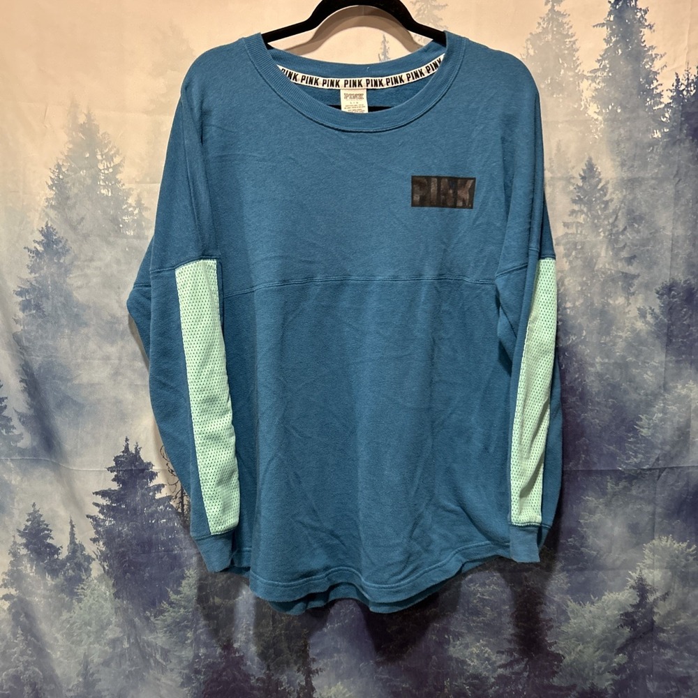 Victorias Secret Women PINK Blue Long Sleeve Metallic Spellout Mesh Sweatshirt L
